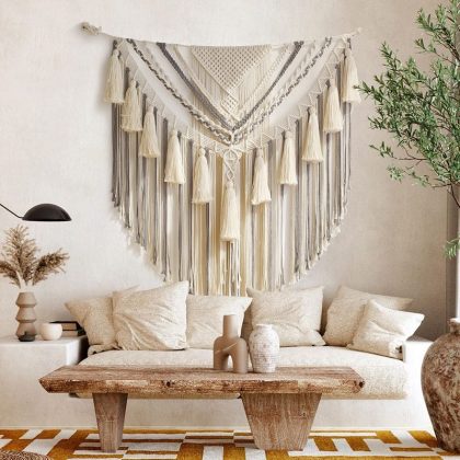 Large Macrame Wall Hanging – Handwoven Cotton & Linen Boho Tapestry (139×115cm)