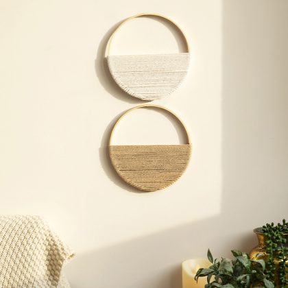 2-Piece Macrame Wall Hanging Set – Round Wooden & Cotton Boho Decor (White/Brown)