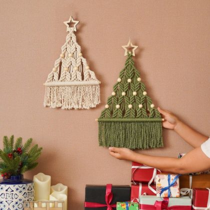 2-Piece Macrame Christmas Tree Wall Hanging Set – Handwoven Holiday Tapestry (Green & Natural)