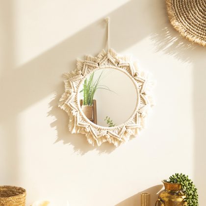 Round Macrame Wall Hanging Mirror – Boho Cotton Decorative Mirror (40cm)