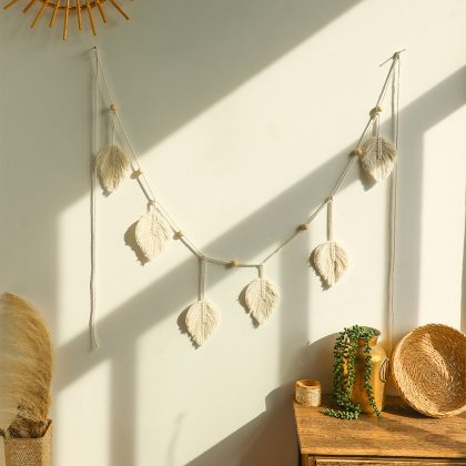 Boho Macrame Wall Hanging – Large Cotton Leaf Tassel Garland (335cm, Natural White)