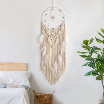 Macrame Dream Catcher – Handwoven Wall Hanging with Feathers & Beads (30×100cm)