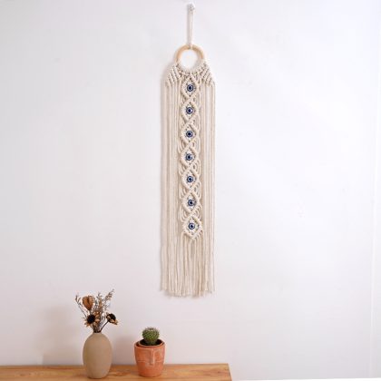 Cotton Macrame Wall Hanging – Turkish Evil Eye Woven Tapestry (14×70cm)