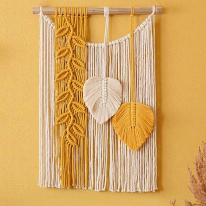 Boho Macrame Wall Hanging – Woven Leaf Tapestry Décor (40×85cm, Yellow)