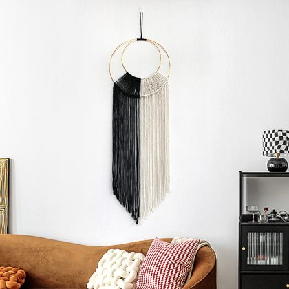 Nordic Macrame Wall Hanging – Minimalist Handwoven Tapestry with Circle Ring (105×35cm)