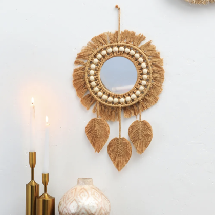 Macrame Wall Mirror – Handwoven Round Decorative Hanging Mirror (16cm, Brown)