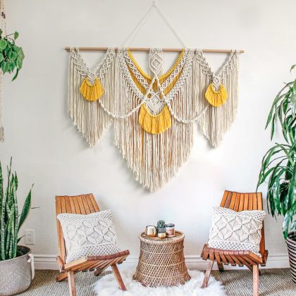 Large Macrame Wall Hanging – Handwoven Cotton Tapestry in Yellow & Cream (120×95cm)